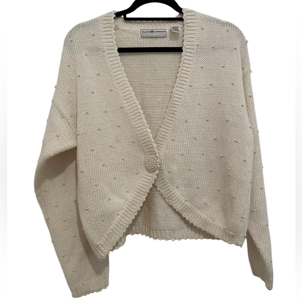Vintage Maggie Lawrence Cream Cardigan w/ Pearl Embellishments